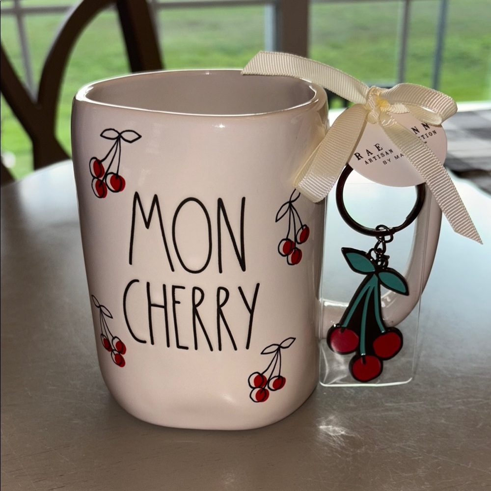 Rae Dunn White 'Mon Cherry' Mug with Cherry Keychain